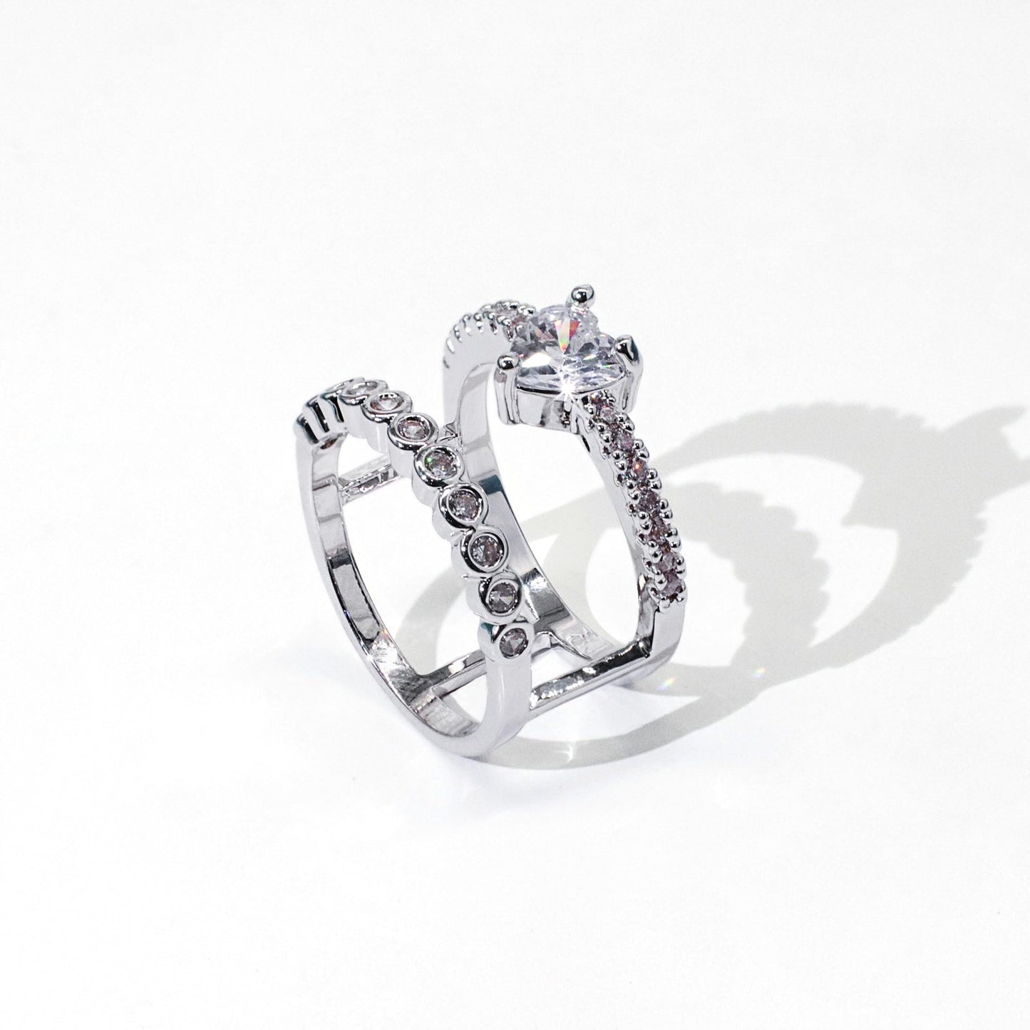 Warm Fortune Double Band Heart Cubic Zirconia Ring for Women, 18K Gold Plated Split Layered Band Jewelry for Daily Wear