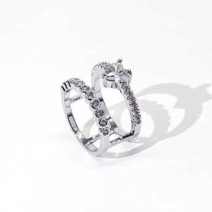 Warm Fortune Double Band Heart Cubic Zirconia Ring for Women, 18K Gold Plated Split Layered Band Jewelry for Daily Wear