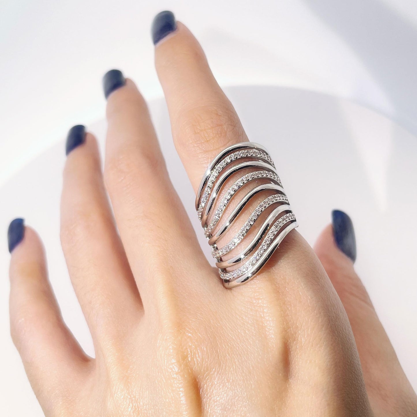 Warm Fortune Multi Row Wavy CZ Statement Ring for Women, 18K Gold Plated Layered Band, Trendy Wide Stackable Cocktail Jewelry，Size 6-8