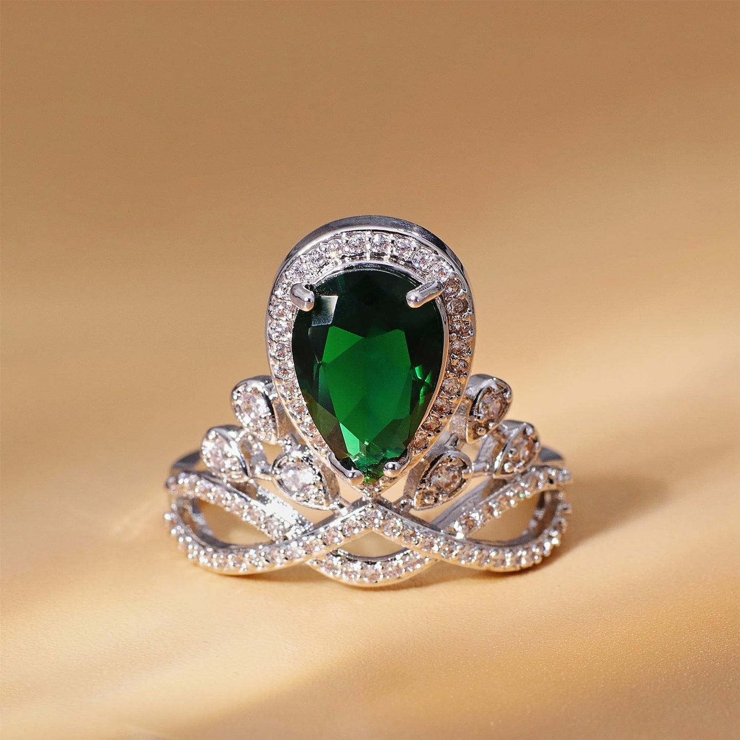 Warm Fortune Teardrop Emerald Engagement Ring for Women - 18K Gold Plated Cubic Zirconia, Wedding Proposal Gift, Romantic Promise, Size 9