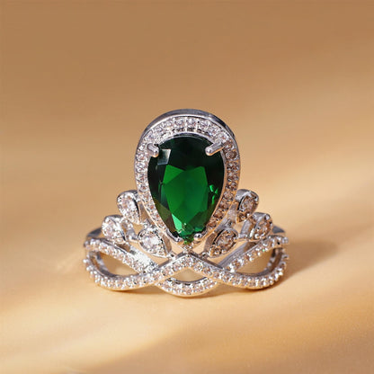Warm Fortune Teardrop Emerald Engagement Ring for Women - 18K Gold Plated Cubic Zirconia, Wedding Proposal Gift, Romantic Promise, Size 9