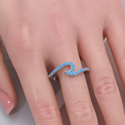 Warm Fortune Turquoise Wave Shaped Promise Ring for Her - 18K Gold Plated Cubic Zirconia, Stackable Gift Valentine's Day, Fashion & Daily Elegant Wear,Adjustable