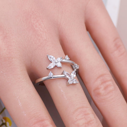 Warm Fortune Double-Layer Butterfly Promise Ring for Her - 18K Gold Plated Cubic Zirconia, Stackable Gift Valentine's Day, Fashion & Daily Elegant Wear,Adjustable