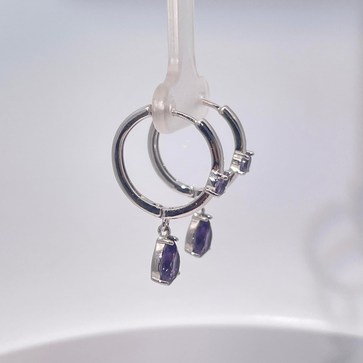 Warm Fortune Purple Double Teardrop Gemstone Dangle Hoop Earrings, Silver Tone Fashion Jewelry for Women, Trendy Party & Daily Accessory