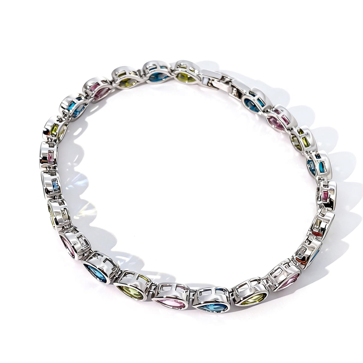 Warm Fortune Pear Stone Tennis Bracelet for Women, White Gold Plated, Multicolor CZ, Alternating Stone Design