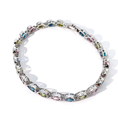 Warm Fortune Pear Stone Tennis Bracelet for Women, White Gold Plated, Multicolor CZ, Alternating Stone Design