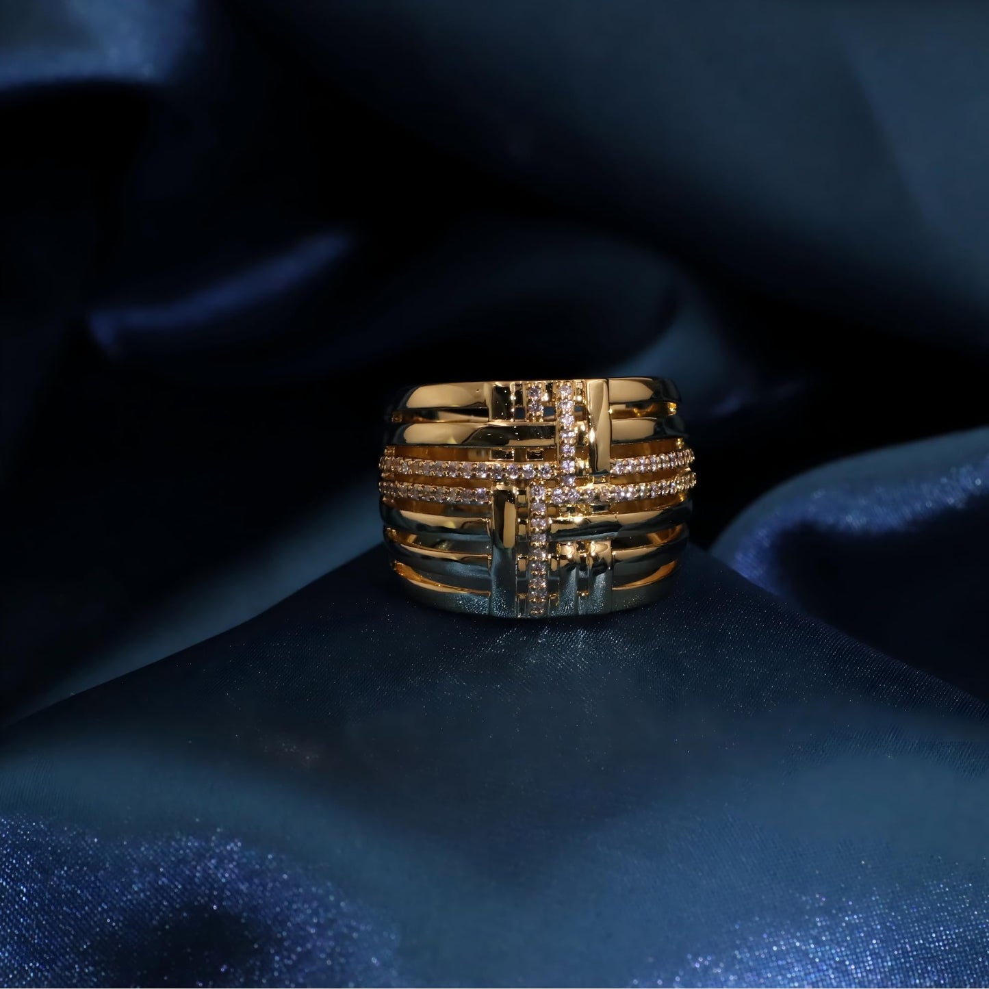 Warm Fortune Gold Plated Cubic Zirconia Band Ring, Hip Hop Street Style For Man or Women Fashion Jewelry