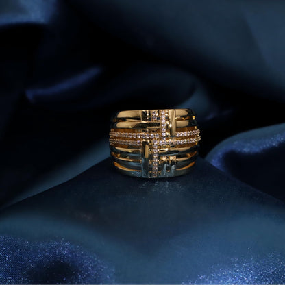 Warm Fortune Gold Plated Cubic Zirconia Band Ring, Hip Hop Street Style For Man or Women Fashion Jewelry