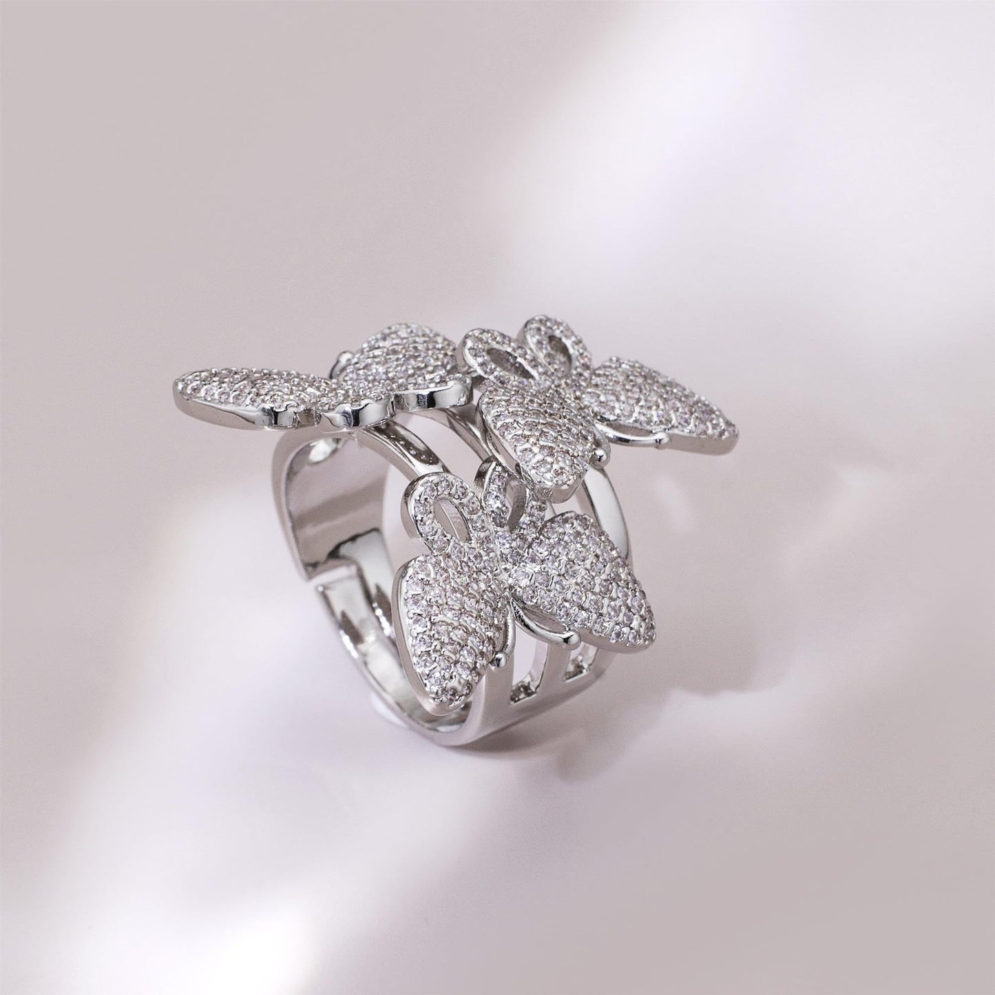 Warm Fortune Pave Butterfly Promise Ring for Her - 18K Gold Plated Cubic Zirconia, Stackable Gift Valentine's Day, Fashion & Daily Elegant Wear,Adjustable