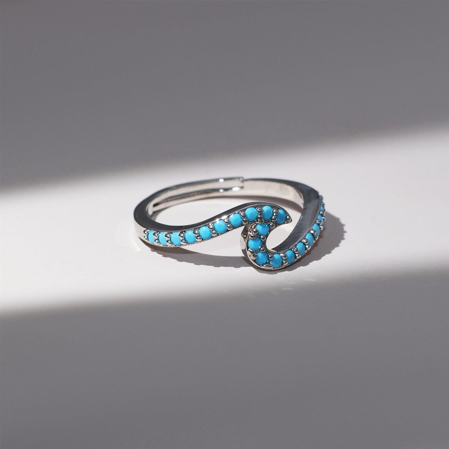 Warm Fortune Turquoise Wave Shaped Promise Ring for Her - 18K Gold Plated Cubic Zirconia, Stackable Gift Valentine's Day, Fashion & Daily Elegant Wear,Adjustable