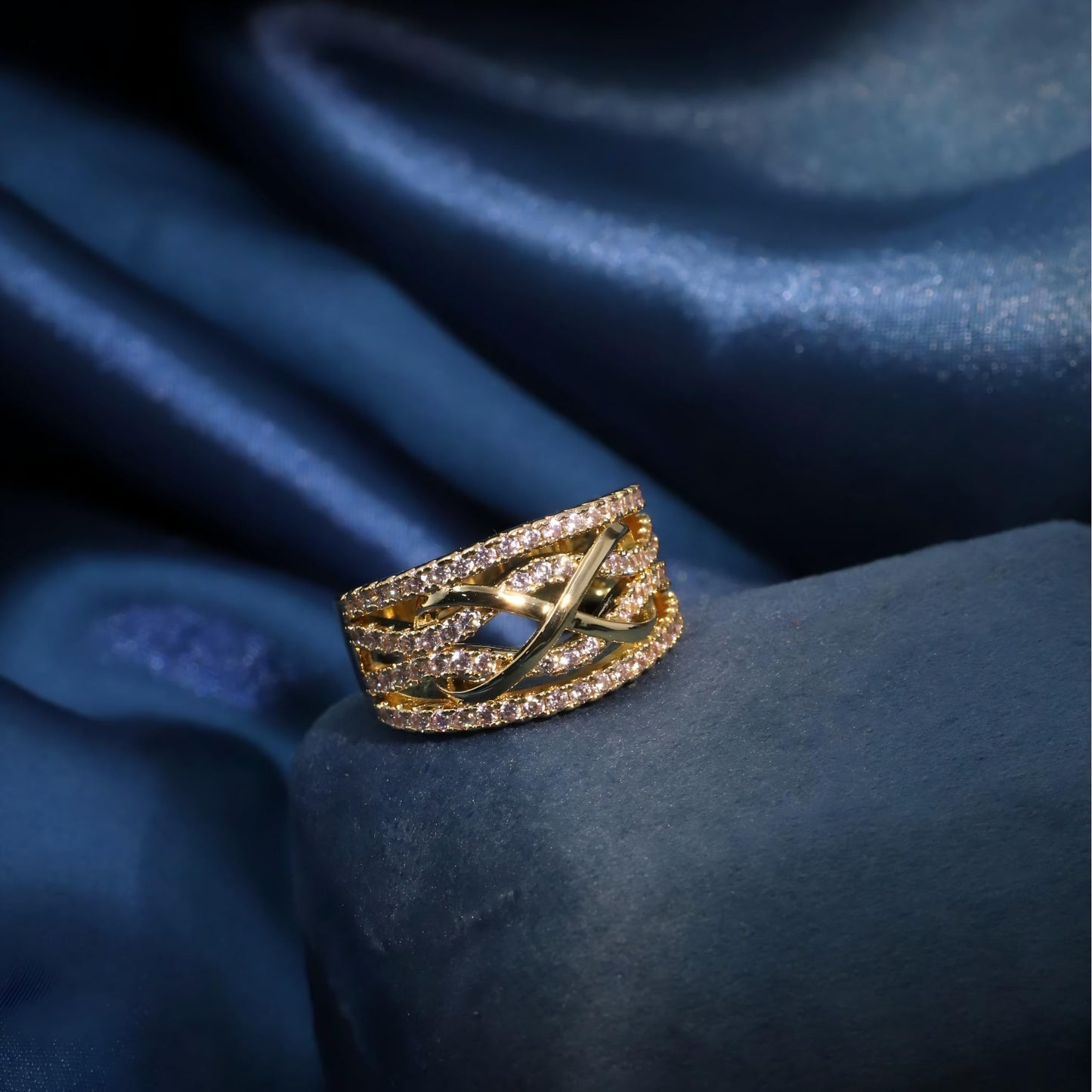 Warm Fortune Gold Plated Cubic Zirconia Band Ring, Hip Hop Street Style For Man or Women Fashion Jewelry