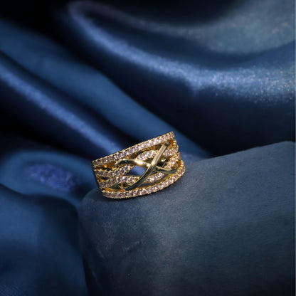 Warm Fortune Gold Plated Cubic Zirconia Band Ring, Hip Hop Street Style For Man or Women Fashion Jewelry