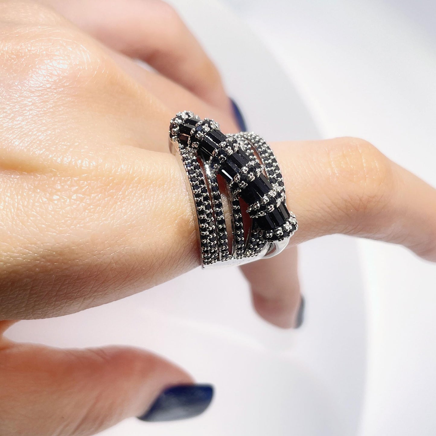 Warm Fortune Coiled Snake Black CZ Statement Ring for Women,18K Gold Plated Metal Multi Band Ring, Gothic Pave Crystal Cocktail Jewelry，Size 7-9