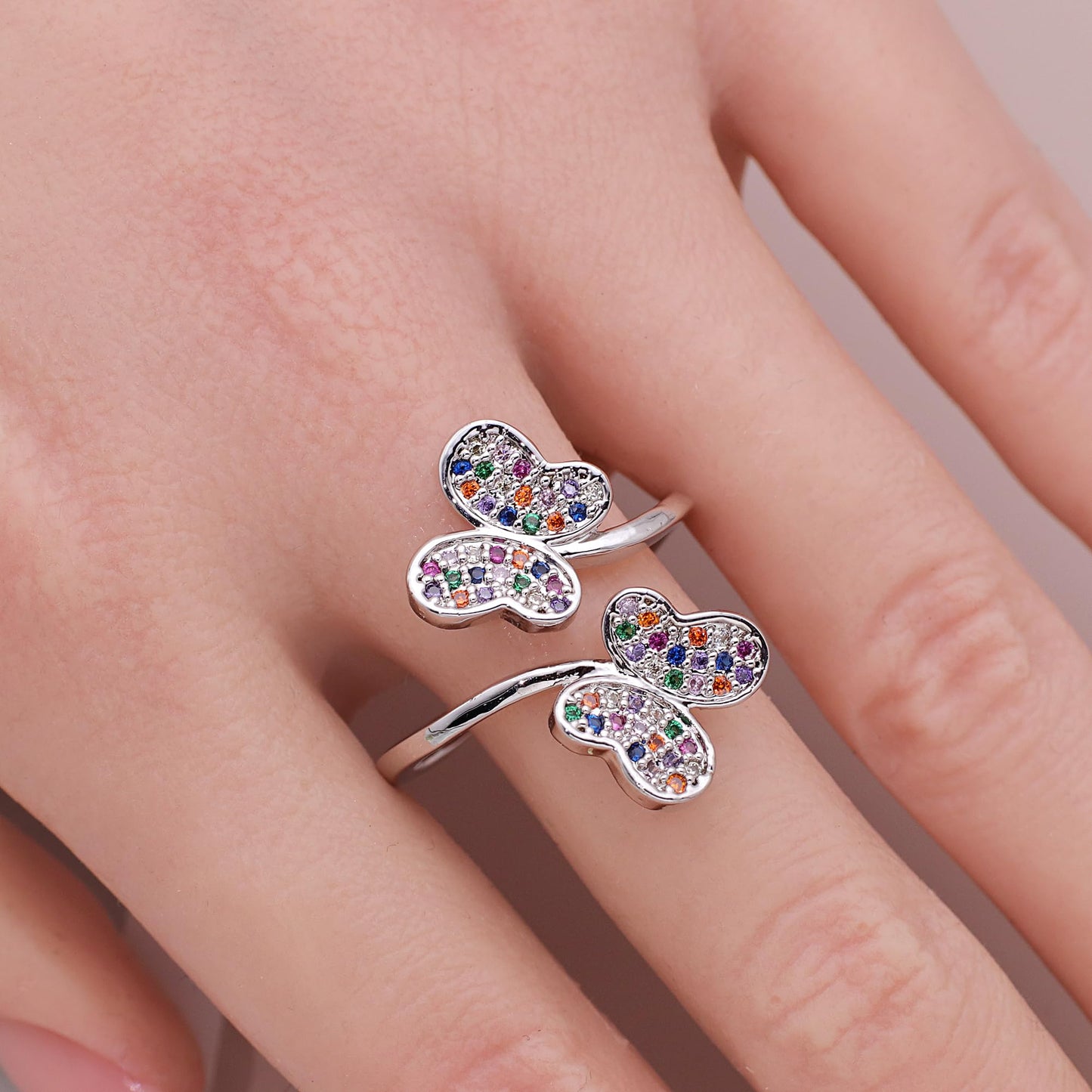 Warm Fortune Double Butterfly Multicolor Zircon Promise Ring for Her - 18K Gold Plated Cubic Zirconia, Stackable Gift Valentine's Day, Fashion & Daily Elegant Wear,Adjustable