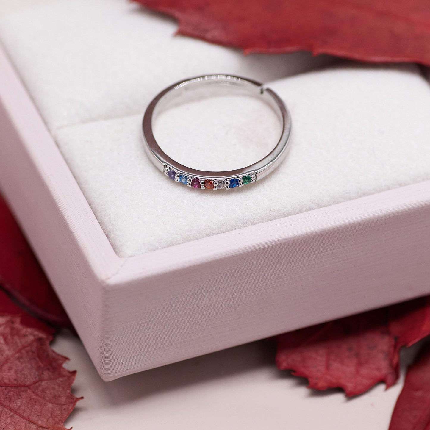 Warm Fortune 18K Gold Plated Rainbow CZ Stackable Ring, Dainty Half Eternity Band with Multicolor Stones for Women