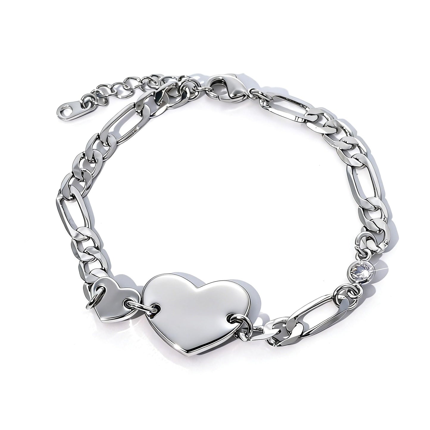 Warm Fortune Double Heart Figaro Link Bracelet for Women, Silver-Tone 6 Inch Adjustable Chain with Sparkling Moissanite Accent