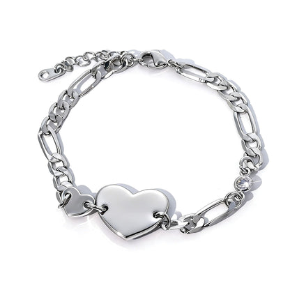 Warm Fortune Double Heart Figaro Link Bracelet for Women, Silver-Tone 6 Inch Adjustable Chain with Sparkling Moissanite Accent