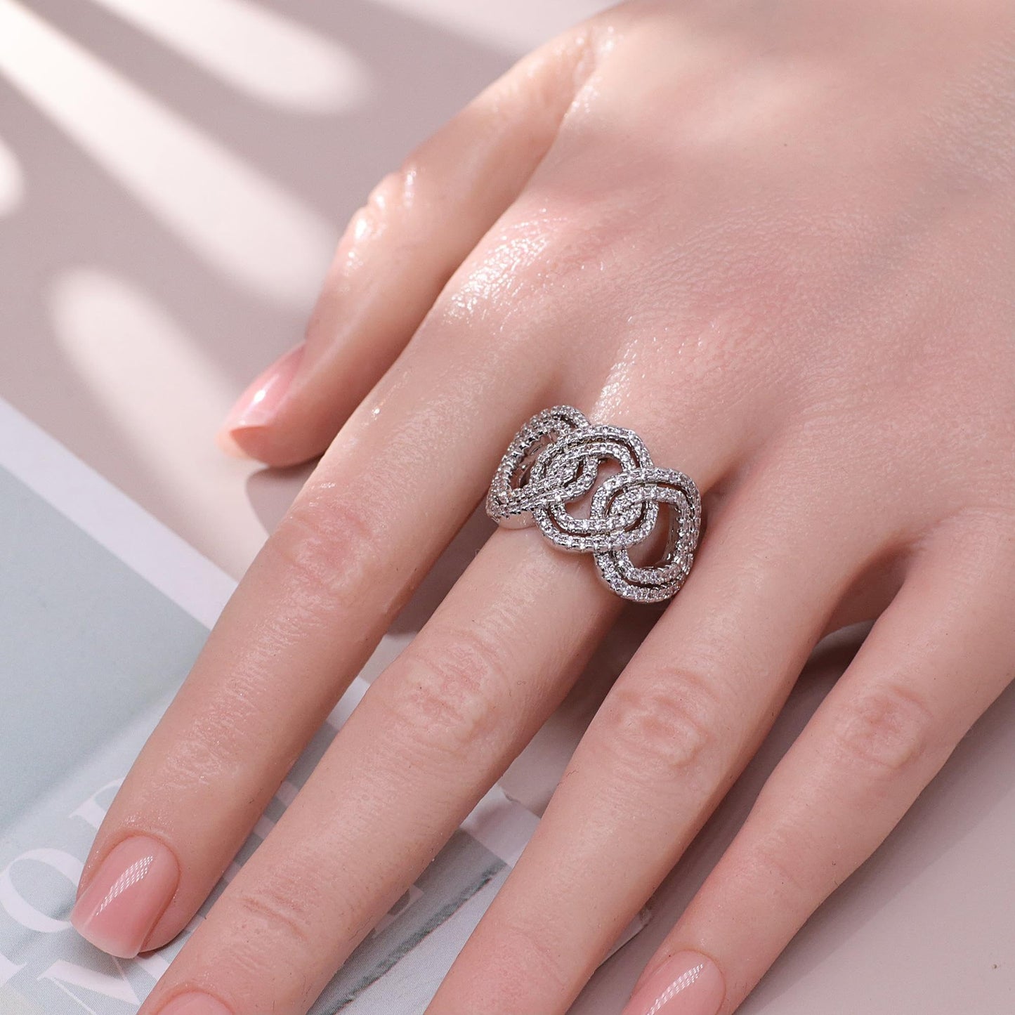 Warm Fortune Interlocking Triple Heart Promise Ring for Her - 18K Gold Plated Cubic Zirconia, Stackable Gift Valentine's Day, Fashion & Daily Elegant Wear, Size 6-7