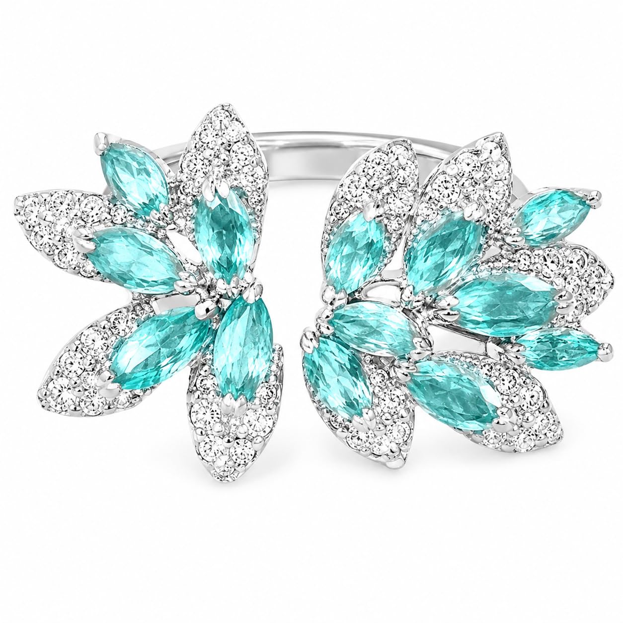 Warm Fortune Marquise CZ Open Ring for Women, 18K White Gold Plated Blue-Green Cubic Zirconia Leaf-Shaped Adjustable Band, Dainty Elegant Jewelry