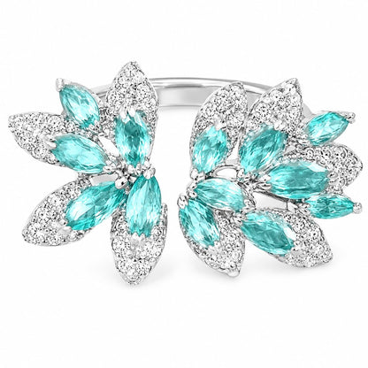 Warm Fortune Marquise CZ Open Ring for Women, 18K White Gold Plated Blue-Green Cubic Zirconia Leaf-Shaped Adjustable Band, Dainty Elegant Jewelry