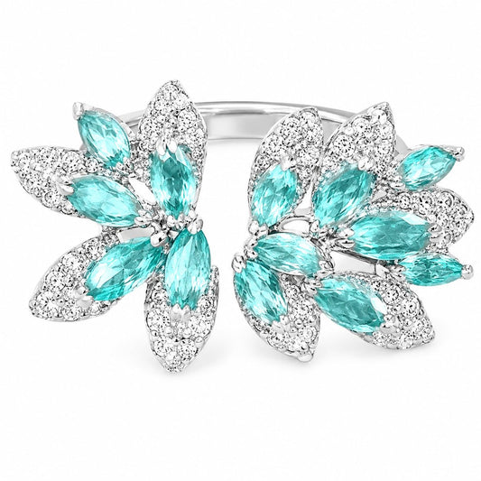 Warm Fortune Marquise CZ Open Ring for Women, 18K White Gold Plated Blue-Green Cubic Zirconia Leaf-Shaped Adjustable Band, Dainty Elegant Jewelry