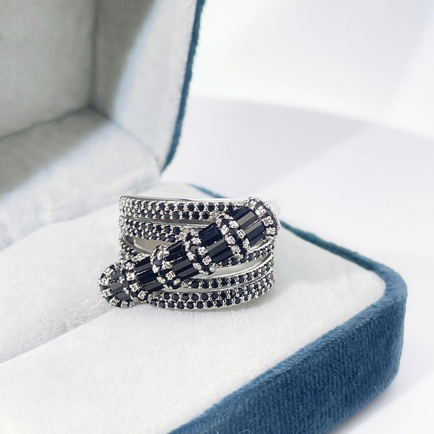 Warm Fortune Coiled Snake Black CZ Statement Ring for Women,18K Gold Plated Metal Multi Band Ring, Gothic Pave Crystal Cocktail Jewelry，Size 7-9