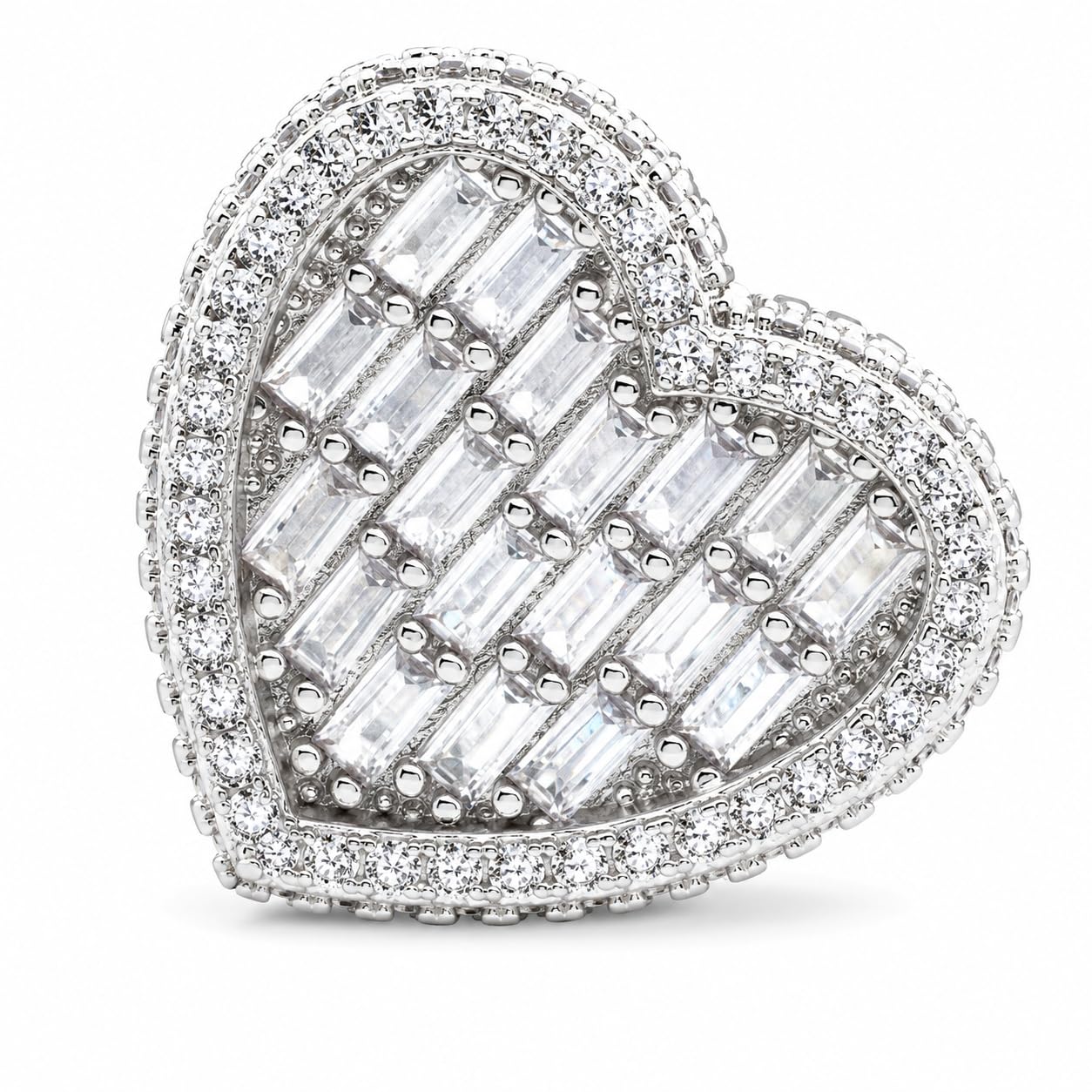 Warm Fortune Large‑Heart Baguette‑CZ Halo Statement Ring for Women, 18K White Gold Plated Double‑Layer Baguette‑Shaped Cubic Zirconia Statement Band, Dainty Elegant Jewelry, Size 9