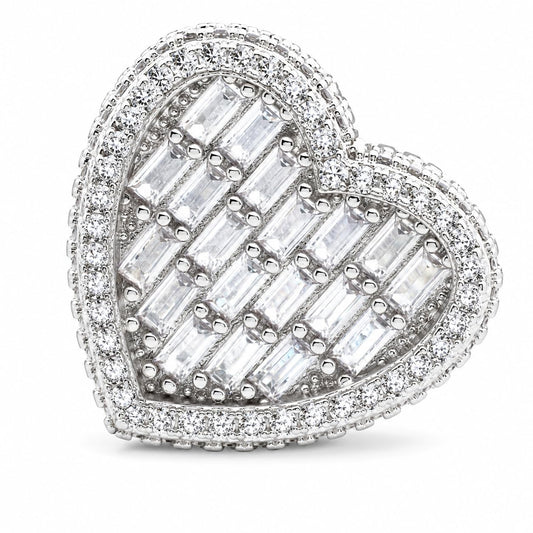 Warm Fortune Large‑Heart Baguette‑CZ Halo Statement Ring for Women, 18K White Gold Plated Double‑Layer Baguette‑Shaped Cubic Zirconia Statement Band, Dainty Elegant Jewelry, Size 9