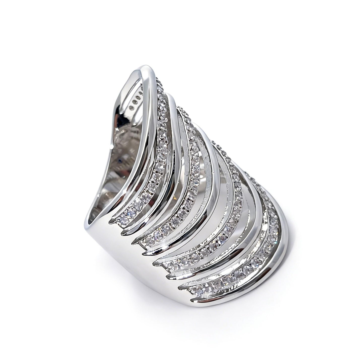 Warm Fortune Multi Row Wavy CZ Statement Ring for Women, 18K Gold Plated Layered Band, Trendy Wide Stackable Cocktail Jewelry，Size 6-8