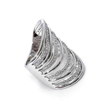 Warm Fortune Multi Row Wavy CZ Statement Ring for Women, 18K Gold Plated Layered Band, Trendy Wide Stackable Cocktail Jewelry，Size 6-8