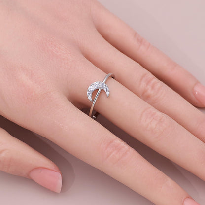Warm Fortune Moon Shaped Promise Ring for Her - 18K Gold Plated Cubic Zirconia, Stackable Gift Valentine's Day, Fashion & Daily Elegant Wear,Adjustable