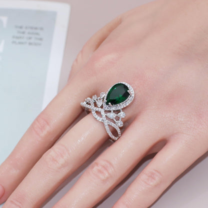 Warm Fortune Teardrop Emerald Engagement Ring for Women - 18K Gold Plated Cubic Zirconia, Wedding Proposal Gift, Romantic Promise, Size 9