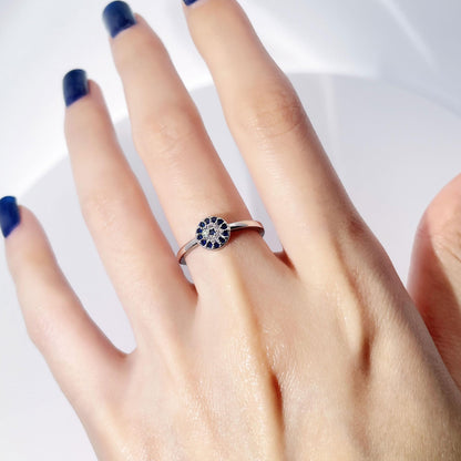 Warm Fortune Blue Halo Promise Ring for Her - 18K Gold Plated Cubic Zirconia, Minimalist Fashion Jewelry for Women, Adjustable