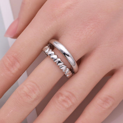 Warm Fortune Double Layer Plain & Heart Band Ring Set - 18K Gold Plated Cubic Zirconia Stackable Gift for Women, Daily Fashion Wear & Casual Accessory, Trendy Street Wear,Adjustable