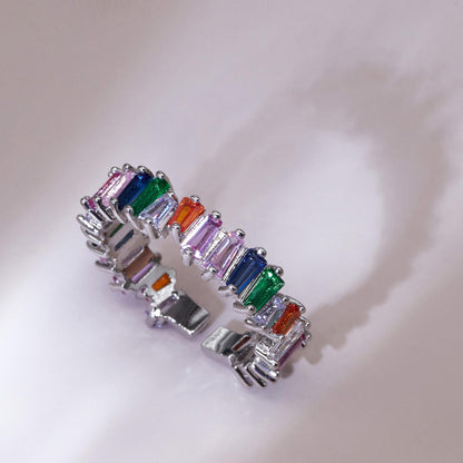 Warm Fortune Multi Color Baguette Cut CZ Open Ring for Women,18K Gold Plated Adjustable Stackable Casual Jewelry