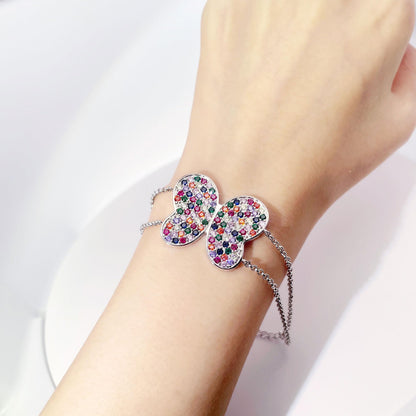 Warm Fortune Multicolor Butterfly Bracelet for Women, Silver-Tone 6.5 Inch Double Chain with Sparkling Stone Inlay