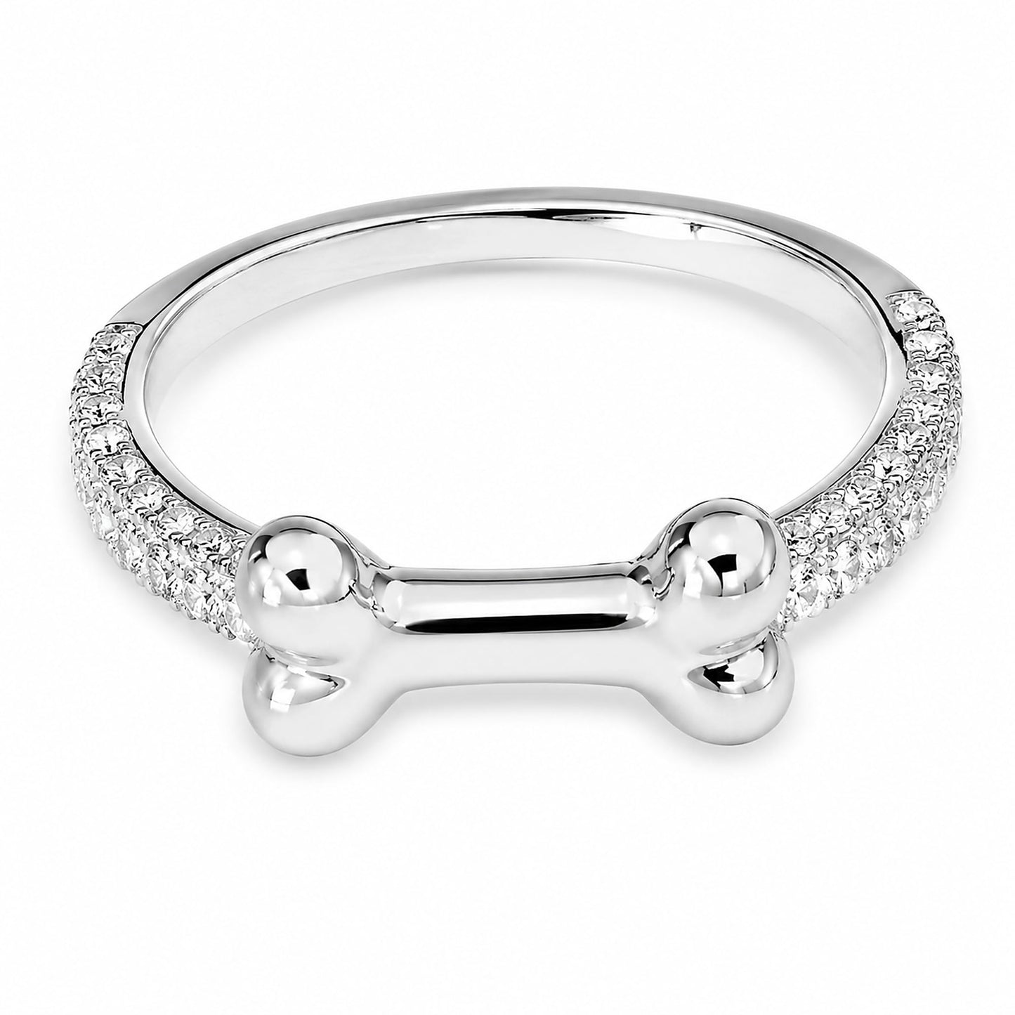 Warm Fortune Smooth Dog Bone Half Paved Promise Ring for Her - 18K Gold Plated Cubic Zirconia, Stackable Gift Valentine's Day, Fashion & Daily Elegant Wear, Adjustable