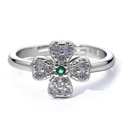 Warm Fortune Four-Leaf Clover Promise Ring for Her - 18K Gold Plated Cubic Zirconia, Stackable Gift Valentine's Day, Fashion & Daily Elegant Wear,Adjustable