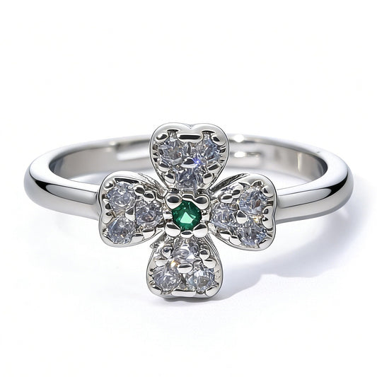 Warm Fortune Four-Leaf Clover Promise Ring for Her - 18K Gold Plated Cubic Zirconia, Stackable Gift Valentine's Day, Fashion & Daily Elegant Wear,Adjustable