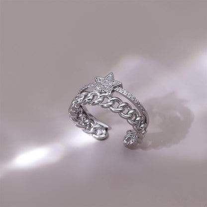 Warm Fortune Three-Layer Star and Cuban Link Promise Ring for Her - 18K Gold Plated Cubic Zirconia, Stackable Gift Valentine's Day, Fashion & Daily Elegant Wear,Adjustable