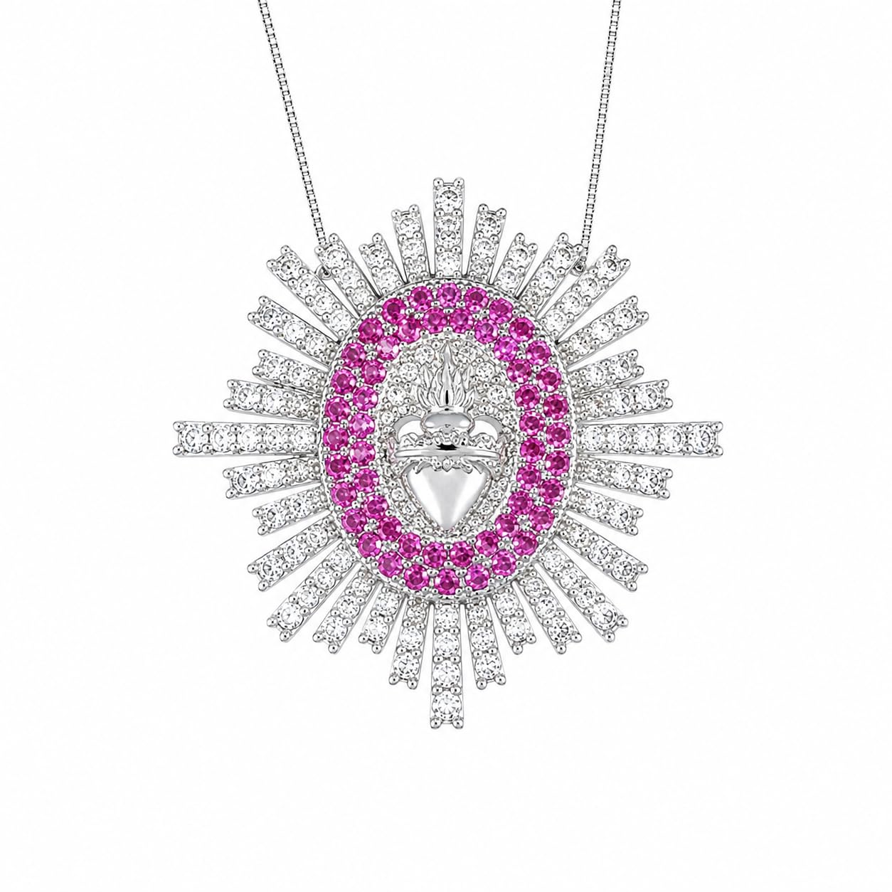 Warm Fortune 18K White Gold Plated CZ Sacred Heart Pendant Necklace