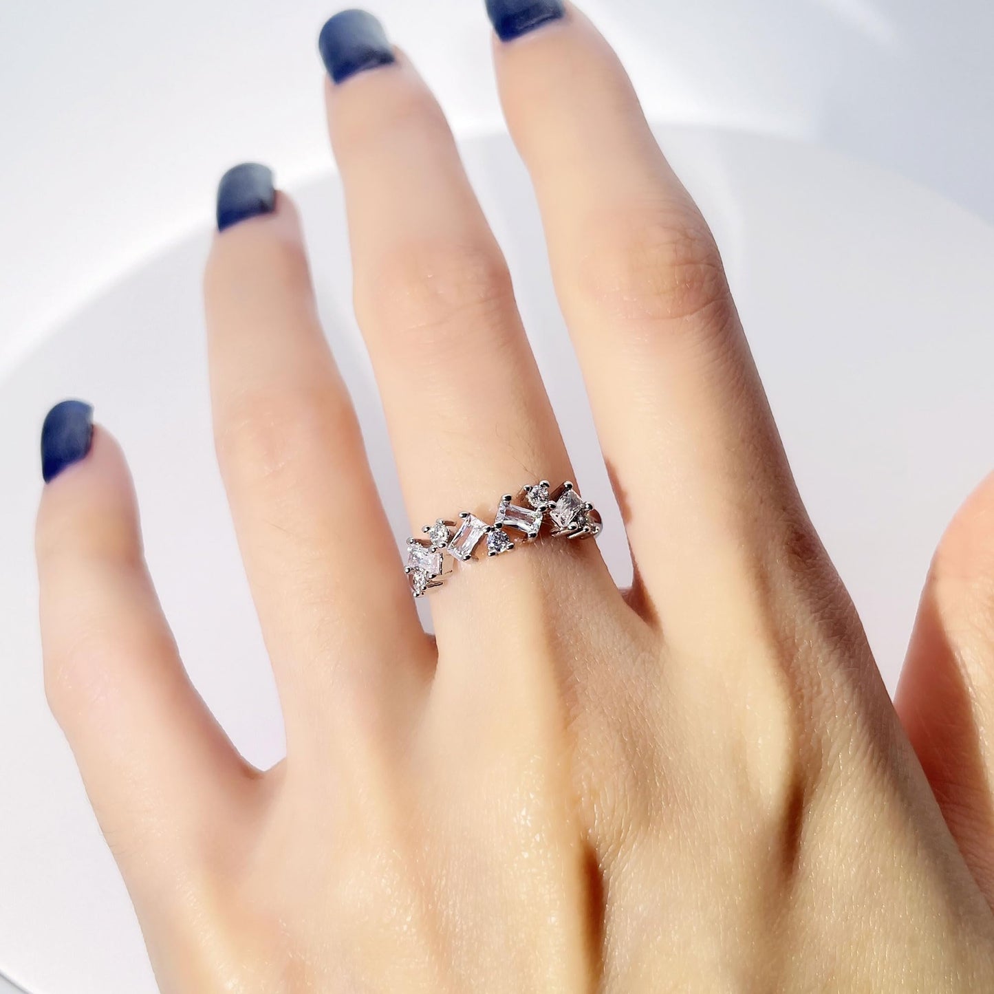 Warm Fortune Baguette Eternity Ring for Her - 18K Gold Plated Cubic Zirconia, Anniversary & Valentine's Day Gift, Timeless Promise Jewelry, Adjustable