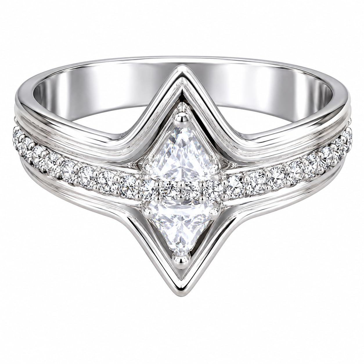 Warm Fortune V‑Shaped Kite‑Cut CZ Ring for Women, 18K White Gold Plated Geometric Cubic Zirconia Statement Band, Dainty Elegant Jewelry, Size 7-9