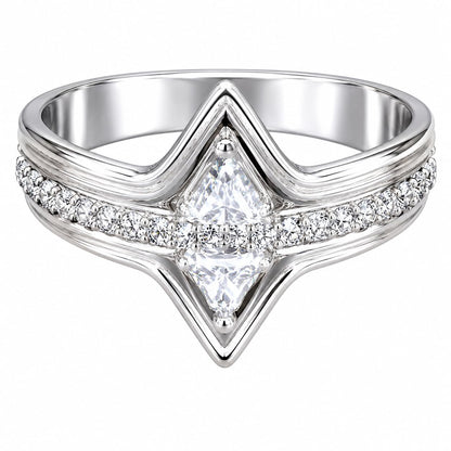 Warm Fortune V‑Shaped Kite‑Cut CZ Ring for Women, 18K White Gold Plated Geometric Cubic Zirconia Statement Band, Dainty Elegant Jewelry, Size 7-9