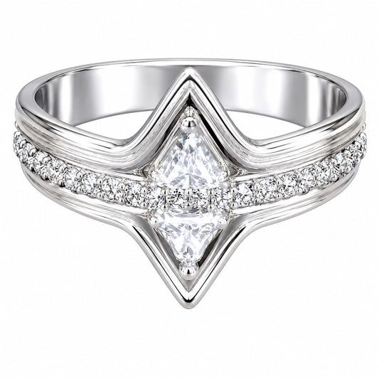 Warm Fortune V‑Shaped Kite‑Cut CZ Ring for Women, 18K White Gold Plated Geometric Cubic Zirconia Statement Band, Dainty Elegant Jewelry, Size 7-9