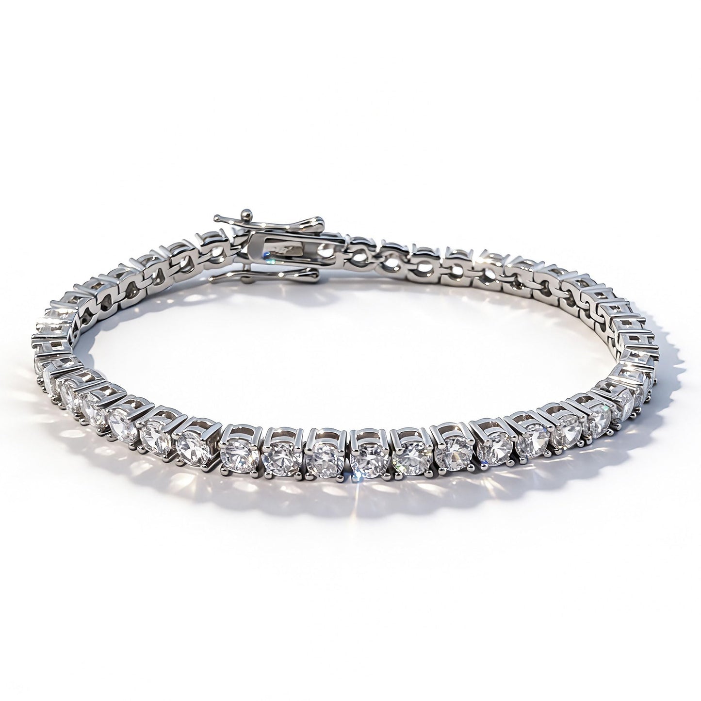 Warm Fortune Classic Tennis Bracelet for Women, White Gold Plated, Clear CZ, 7.5 Inch, Round Stone Link Design