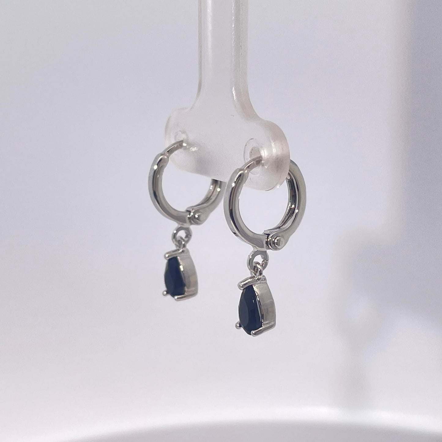 Warm Fortune Navy Blue Teardrop Gemstone Dangle Hoop Earrings, Silver Tone Fashion Jewelry for Women, Chic Daily & Evening Wear