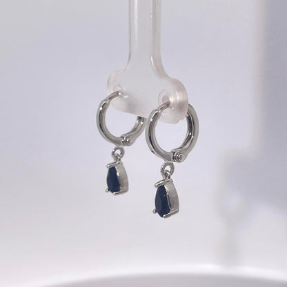 Warm Fortune Navy Blue Teardrop Gemstone Dangle Hoop Earrings, Silver Tone Fashion Jewelry for Women, Chic Daily & Evening Wear