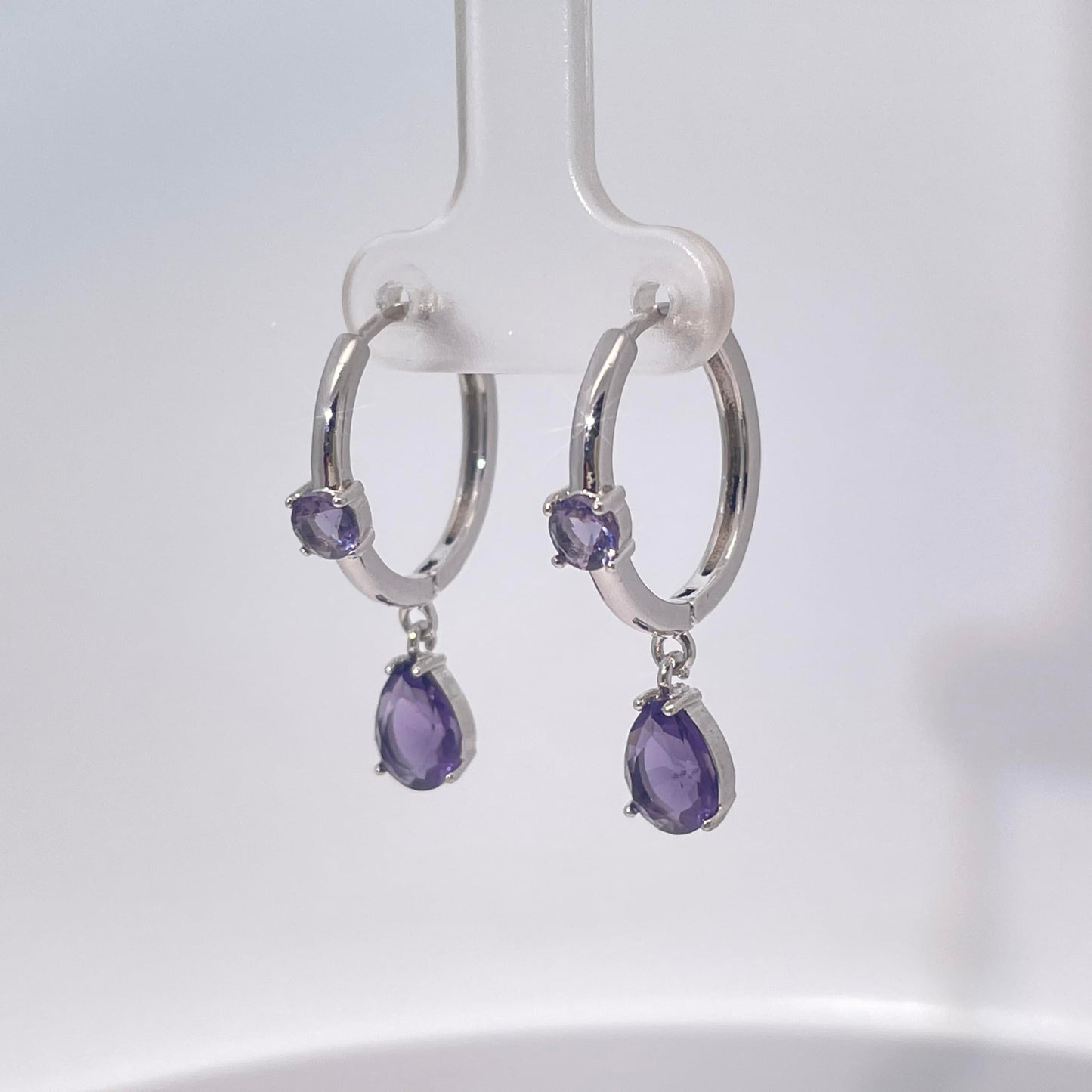Warm Fortune Purple Double Teardrop Gemstone Dangle Hoop Earrings, Silver Tone Fashion Jewelry for Women, Trendy Party & Daily Accessory