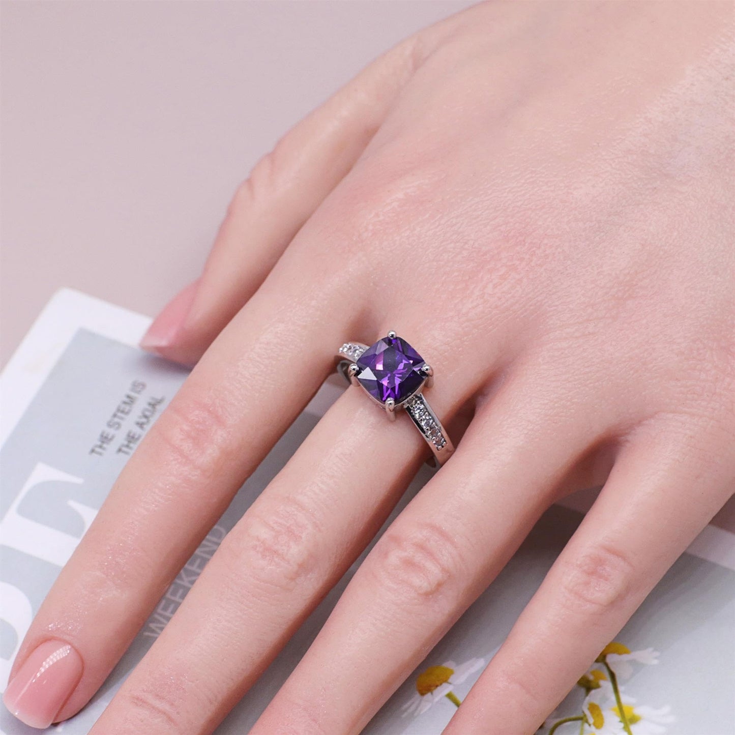 Warm Fortune Cushion Cut Amethyst Engagement Ring for Women - 18K Silver Plated Cubic Zirconia, Proposal & Birthday Gift Jewelry, Size 7-8